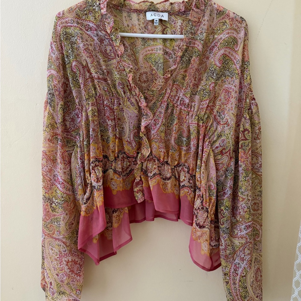 Vici Pink Paisley Ruffle V-Neck Blouse